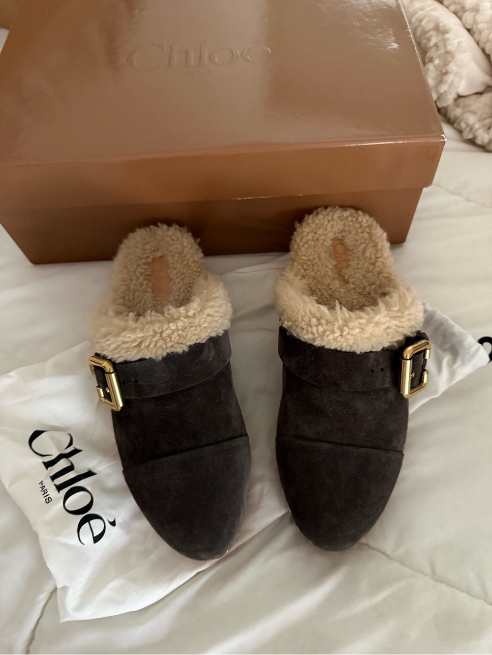 Chloé Brown Suede Shearling-Trim Mule with Gold Buckle